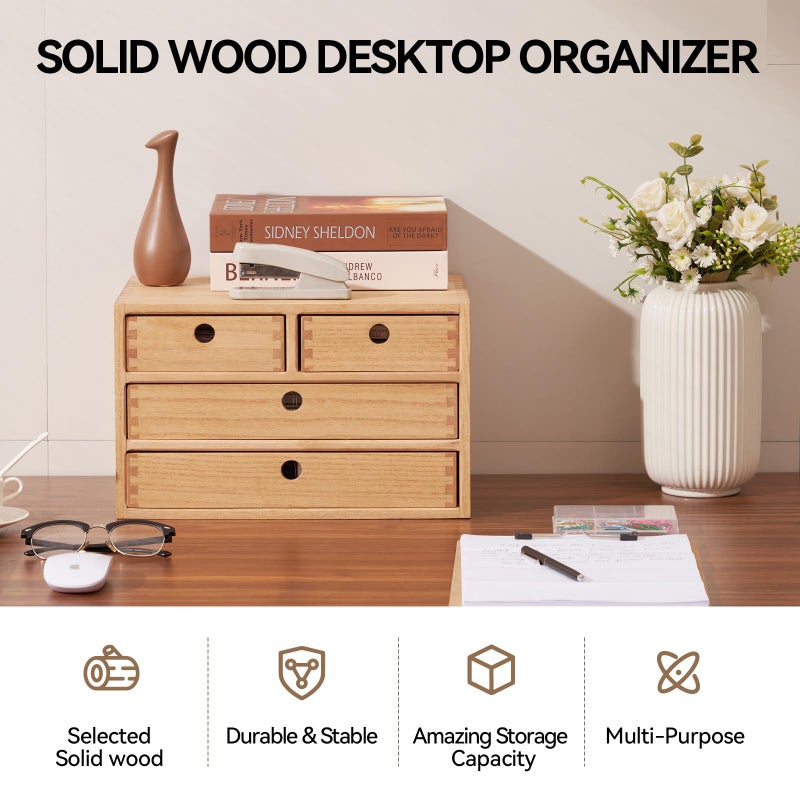 Kirigen Natural Wood Desktop Organizers with Drawers - Home Workspace Office Supplies Wooden Storage Box Shelf Case - Hold Makeup Box (NA, 3-Layer &4 Drawers) - Image 2